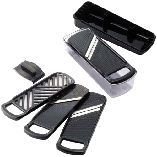 下村企販 [スゴ切れ] 4種の下ごしらえができる スライサーセット 【日本製】 時短調理 コンパクト収納 スライス/千切り/ツマ切り/おろし 安全ホルダー付き 専用ケース 野菜調理器 下ごしらえ ブラック 燕三条 43881